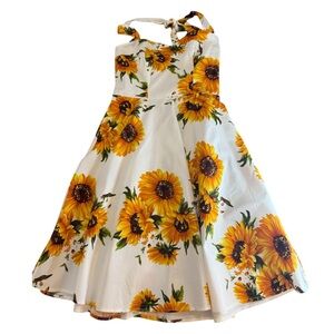 Sunflower-Print Backless Sundress in White with Tie Straps